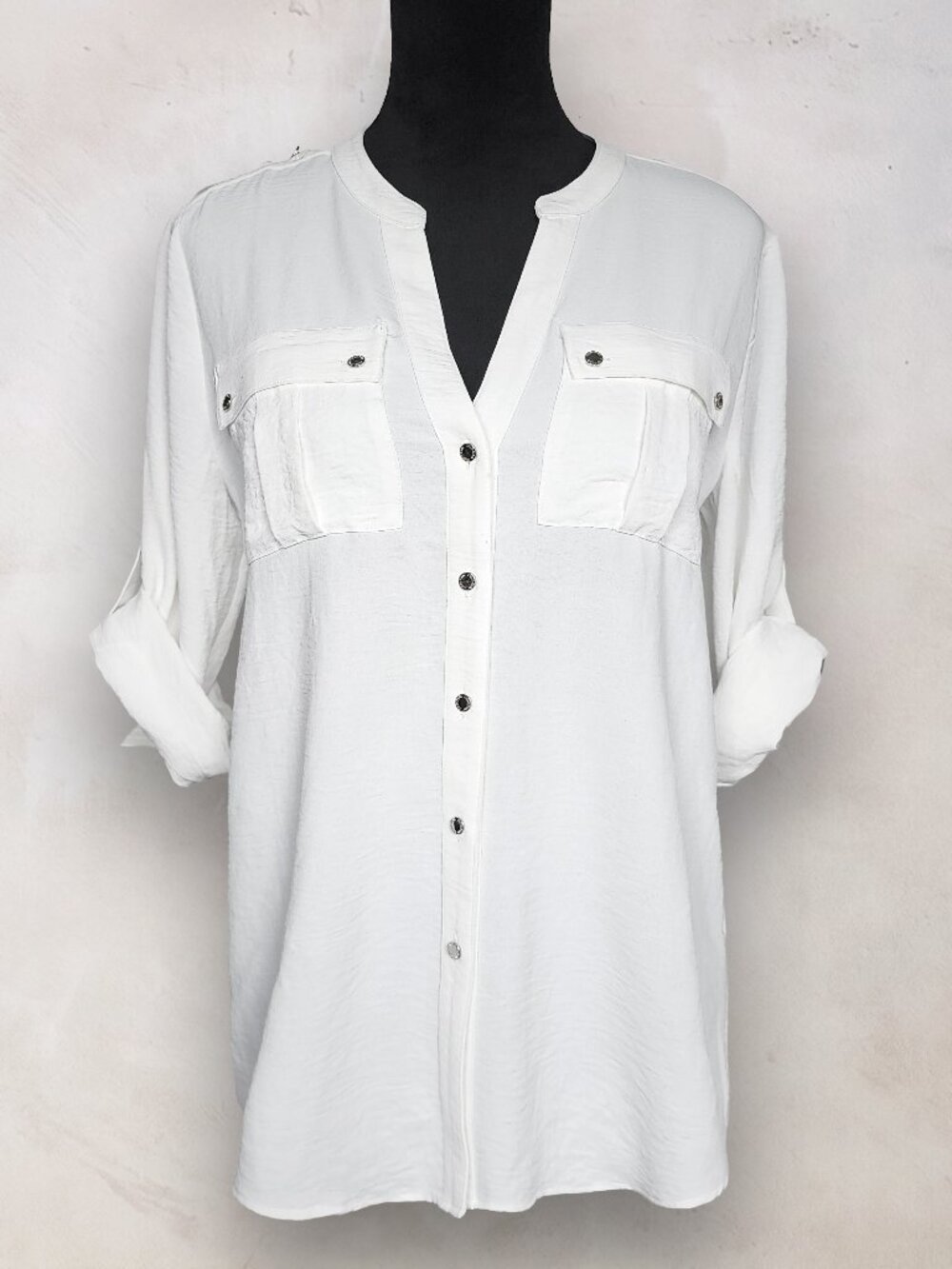 Calvin Klein White Roll Tab Sleeve Utility Blouse Top Flap Pockets